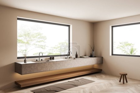 Téléchargez les photos : Intérieur de salle de bain beige avec double lavabo et fenêtre panoramique, vue latérale, tabouret sur parquet. Pont en béton avec accessoires de bain de l'hôtel. rendu 3D - en image libre de droit