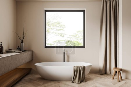 Téléchargez les photos : Intérieur de salle de bain beige avec lavabo et baignoire sur parquet. Terrasse avec accessoires de bain d'hôtel, tabouret et fenêtre panoramique avec rideaux. rendu 3D - en image libre de droit