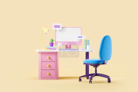 Photo for Cartoon workspace with armchair and work desk, pc computer with chat messages, yellow background. Concept of home office. Mockup copy space screen. 3D rendering - Royalty Free Image