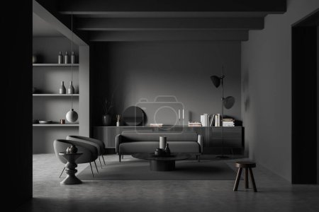 Téléchargez les photos : Salon sombre intérieur avec canapé et deux fauteuils, table basse et tiroir avec décoration, tapis sur sol en béton gris. rendu 3D - en image libre de droit