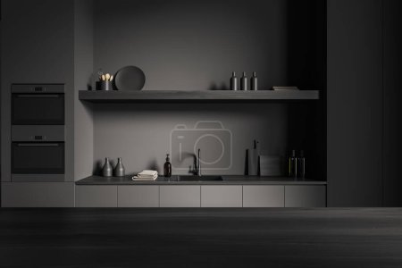 Foto de Interior de la cocina oscura con isla bar, fregadero y utensilios de cocina en la cubierta de madera negro. Zona de cocina minimalista en apartamento moderno. Renderizado 3D - Imagen libre de derechos