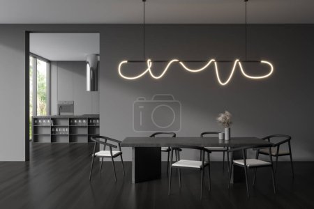 Foto de Interior de la cocina oscura con sillas y mesa de comedor, encimera en piso de madera negra, ventana panorámica en el campo. Cocina elegante y zona de comer. Renderizado 3D - Imagen libre de derechos