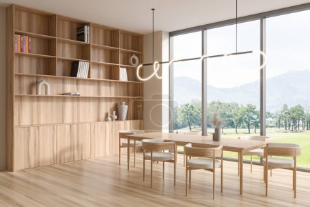 Photo for Wooden living room interior with chairs and table, side view, shelf with decoration on hardwood floor. Panoramic window on countryside view. 3D rendering - Royalty Free Image