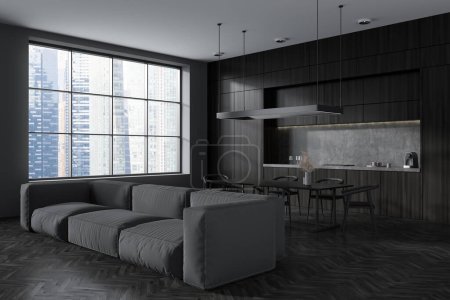 Photo for Black studio interior with sofa and dining table, side view, panoramic window on Singapore city view. Cooking area with kitchenware and relax space, black hardwood floor. 3D rendering - Royalty Free Image
