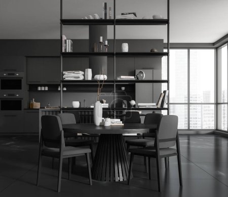 Photo for Dark kitchen interior with dining table and chairs, black tile floor. Cooking area with kitchenware. Panoramic window on city view. 3D rendering - Royalty Free Image