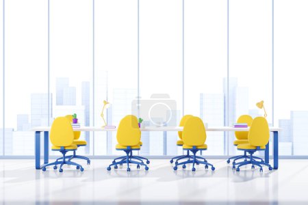 Téléchargez les photos : Intérieur de conférence dessin animé blanc avec fauteuils jaunes et outils à bord. Concept de réunion. Fenêtre panoramique sur les gratte-ciel. rendu 3D - en image libre de droit