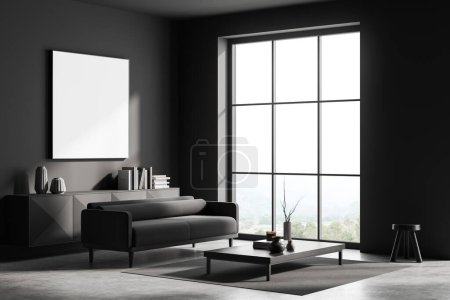 Photo for Dark living room interior sofa and dresser with decoration, side view, coffee table on carpet, grey concrete floor. Panoramic window on countryside. Mock up canvas poster. 3D rendering - Royalty Free Image