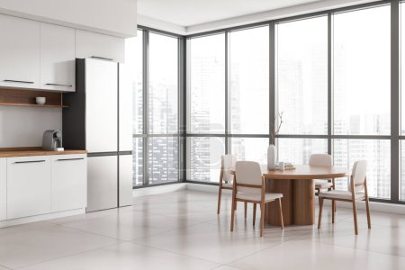 Téléchargez les photos : Intérieur de la cuisine blanche avec table et chaises, vue latérale, fenêtre panoramique sur la ville de Singapour. Appareils de cuisine et réfrigérateur, sol carrelage léger. rendu 3D - en image libre de droit