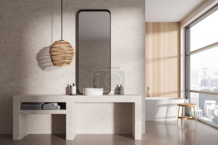 Photo for Modern bathroom interior with sink and bathtub, partition and panoramic window on Singapore. Stylish hotel bathing room with modern design. 3D rendering - Royalty Free Image