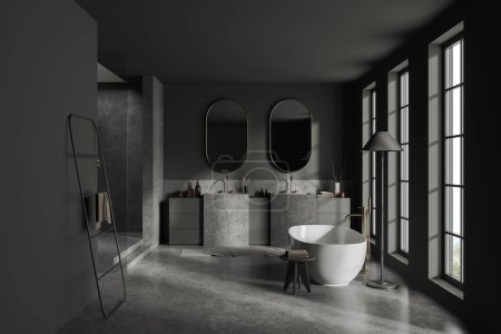 Dunkles Badezimmer mit Doppelwaschbecken und Badewanne, Panoramafenster auf die Landschaft. Badeplatz mit minimalistischem Design, Handtuchhalter und Accessoires. 3D-Rendering