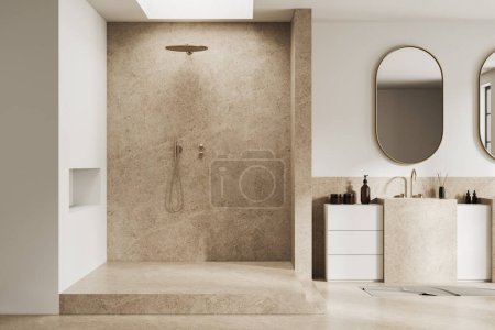 Foto de Interior de baño moderno con paredes blancas, suelo de hormigón, lavabo doble masivo con dos espejos verticales y cabina de ducha. renderizado 3d - Imagen libre de derechos