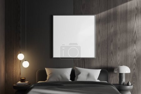 Foto de Dormitorio de madera oscura cama interior y ropa de cama gris, mesita de noche con libros y decoración minimalista. Mock up cartel de lona cuadrada. Renderizado 3D - Imagen libre de derechos