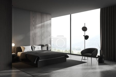 Foto de Dormitorio oscuro cama interior en la alfombra, vista lateral gris suelo de hormigón. Esquina minimalista dormitorio y ventana panorámica en el campo. Copiar pared espacial. Renderizado 3D - Imagen libre de derechos