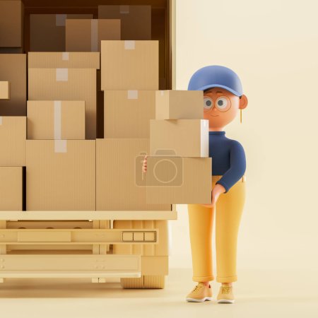 Photo for Cartoon courier woman in blue and yellow uniform standing with boxes near truck. Concept of goods delivery and logistics. 3d rendering - Royalty Free Image