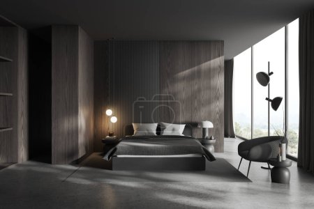 Foto de Moderna cama interior dormitorio en la alfombra, piso de hormigón gris. Dormitorio minimalista y ventana panorámica al campo. Copiar pared espacial. Renderizado 3D - Imagen libre de derechos