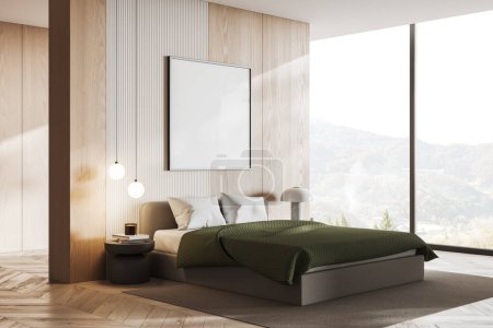 Foto de Moderna cama interior de madera dormitorio y ventana panorámica en el campo, mesita de noche vista lateral con decoración minimalista. Simular cartel de lona cuadrada en la partición. Renderizado 3D - Imagen libre de derechos