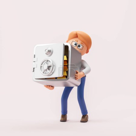 Foto de Renderizado 3d. Personaje de dibujos animados hombre sosteniendo una caja fuerte metálica sobre fondo rosa. Concepto de almacenamiento de dinero, crédito y ahorro. Ilustración de representación 3D - Imagen libre de derechos