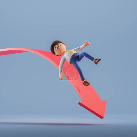 Foto de Renderizado 3d. Personaje de dibujos animados hombre cayendo de una flecha roja descendente, colapso de la economía y retroceso. Concepto de fracaso, crisis financiera e ilustración del despido - Imagen libre de derechos