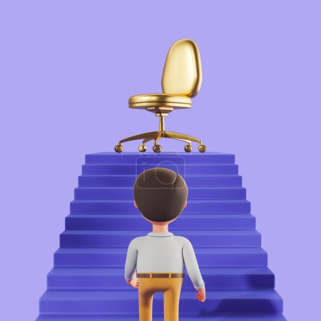 Foto de Hombre de negocios de dibujos animados subir escaleras de color púrpura oscuro con silla de oro de pie en la parte superior de ella sobre fondo púrpura. Concepto de carrera y éxito. renderizado 3d - Imagen libre de derechos