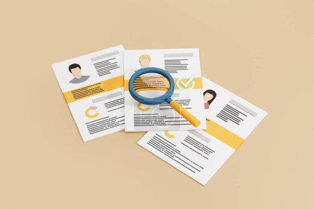 View of three job applications with magnifying glass over yellow background. Concept of recruitment and job search. 3d rendering