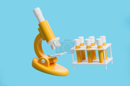 Photo for Yellow cartoon microscope floating with test flasks in holder on blue background. Chemical laboratory, biology, experiment and results. Concept of science and research. 3D rendering illustration - Royalty Free Image