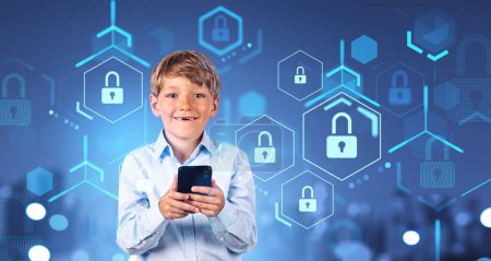 Photo for Portrait of smiling boy using smartphone in blurry city with double exposure of cybersecurity interface. Concept of data protection - Royalty Free Image