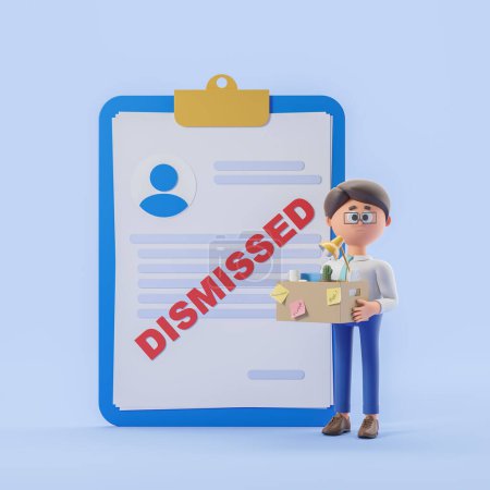 Photo for 3d rendering. Cartoon man worker with office box, large document with CV information and dismissed stamp on blue background. Concept of fired, dismissal and crisis illustration - Royalty Free Image