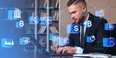 Photo for Young European businessman using laptop in office with double exposure of decentralized exchange interface. Concept of cryptocurrency - Royalty Free Image