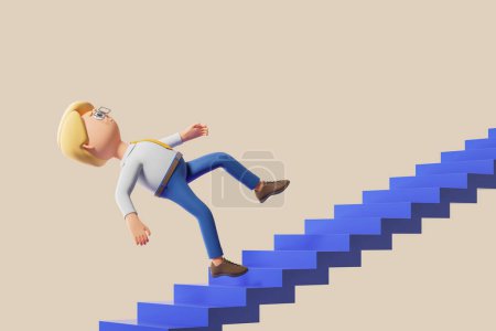 Foto de Hombre de negocios de dibujos animados cayendo sobre una escalera azul sobre un fondo amarillo. Concepto de fracaso y crisis. renderizado 3d - Imagen libre de derechos