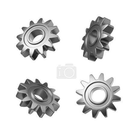 Photo for View of four gray gears and cogwheels over white background. Concept of teamwork and machinery. 3d rendering - Royalty Free Image