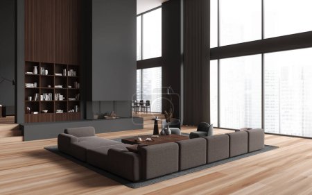 Foto de Esquina de la elegante sala de estar con paredes grises y de madera, suelo de madera, cómodo sofá gris, mesa de centro y chimenea. renderizado 3d - Imagen libre de derechos