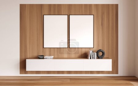 Photo for Wooden living room interior with floating sideboard, books and minimalist art decoration. Stylish cozy design and hardwood floor. Two mock up canvas posters in row. 3D rendering - Royalty Free Image