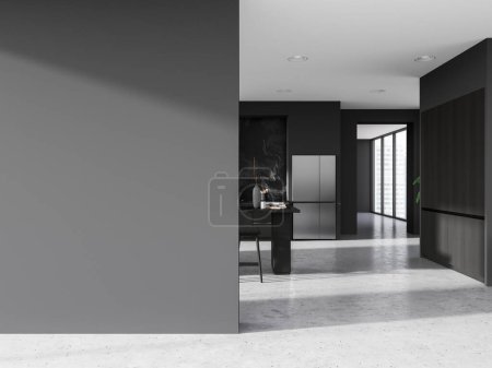 Téléchargez les photos : Intérieur de cuisine maison blanche et noire avec îlot bar, espace de cuisson avec réfrigérateur au sol en béton gris. Fenêtre panoramique sur les gratte-ciel. Maquette de cloison vide. rendu 3D - en image libre de droit