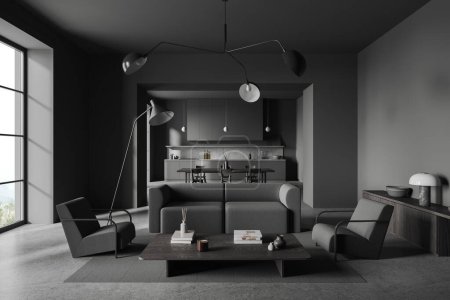 Photo for Interior of stylish living room with gray walls, concrete floor, gray sofa, two armchairs and kitchen with cabinets and dining tables in background. 3d rendering - Royalty Free Image