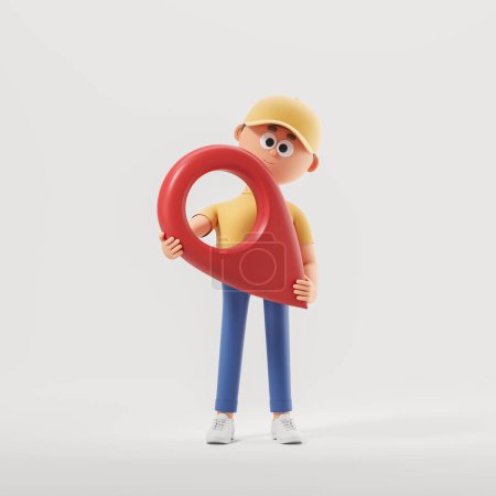Foto de Hombre de dibujos animados con gorra de béisbol amarilla sosteniendo gran letrero de geoetiqueta roja sobre fondo gris. Concepto de navegación. renderizado 3d - Imagen libre de derechos