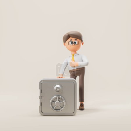 Photo for View of cartoon businessman showing thumb up and standing near safe box over gray background. Concept of cash security. 3d rendering - Royalty Free Image