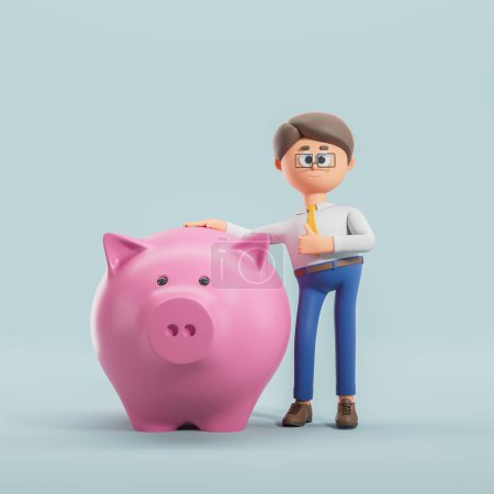 Foto de Renderizado 3d. Personaje de dibujos animados sonriente hombre de negocios con el pulgar hacia arriba, gran caja de cerdito rosa. Concepto de ahorro, depósito y acumulación ilustración - Imagen libre de derechos
