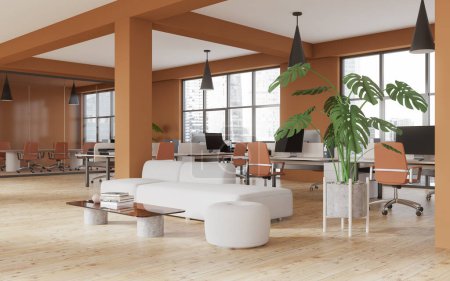 Esquina de la elegante sala de espera de la oficina con paredes naranjas, suelo de madera, cómodo sofá blanco, mesa de centro y zona de espacio abierto en el fondo. renderizado 3d