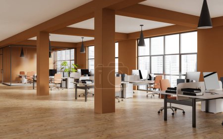 Photo for Modern office interior with coworking and conference corner, side view hardwood floor. Company workspace with panoramic window on Singapore. 3D rendering - Royalty Free Image