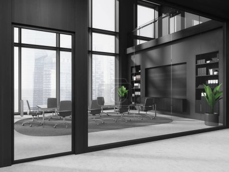Photo for Dark business meeting interior with armchairs and board, side view glass doors and carpet on grey concrete floor. Conference corner with panoramic window on skyscrapers. 3D rendering - Royalty Free Image