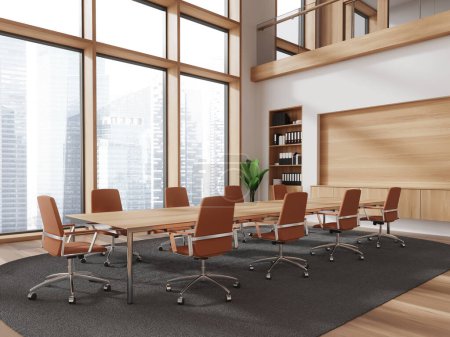 Foto de Interior de la reunión de la oficina de madera con sillas y tablero de madera, alfombra en piso de madera dura. Esquina de conferencias con estante y ventana panorámica sobre rascacielos. Renderizado 3D - Imagen libre de derechos