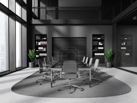 Foto de Interior oscuro de la reunión de la oficina con sillones y tablero de cristal, alfombra en piso de hormigón gris. Zona de conferencias con estante y ventana panorámica sobre rascacielos. Renderizado 3D - Imagen libre de derechos