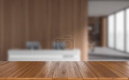 Foto de Mock up escritorio de madera vacío para la exhibición de productos de negocios. Interior de oficina de madera con escritorio de recepción y ordenadores PC. Ventana panorámica y sala ceo. Renderizado 3D - Imagen libre de derechos