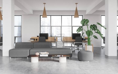 Interior of modern office waiting room with white walls, concrete floor, comfortable gray sofa, coffee table and open space area in the background. 3d rendering