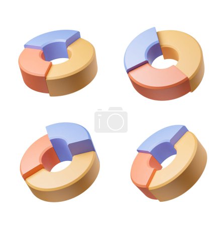 Photo for Set of four pie charts on empty white background, colorful graph for financial analysis and business data. Concept of research and results. 3D rendering illustration - Royalty Free Image