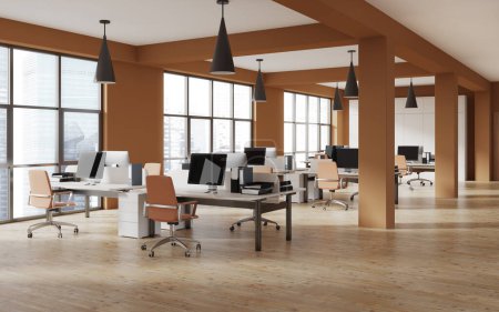 Photo for Open space coworking interior with armchairs and pc computer on desk in row, side view hardwood floor. Business company room with panoramic window on Singapore. 3D rendering - Royalty Free Image