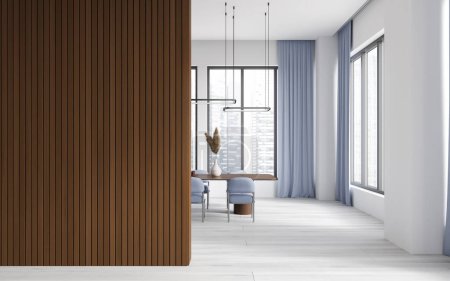Photo for Modern home living room interior with dinner table and chairs, white hardwood floor. Panoramic window on Singapore skyscrapers. Copy space wooden wall partition. 3D rendering - Royalty Free Image