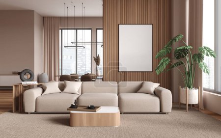 Photo for Interior of modern living room with beige and wooden walls, comfortable white couch, coffee table and vertical mock up poster. 3d rendering - Royalty Free Image