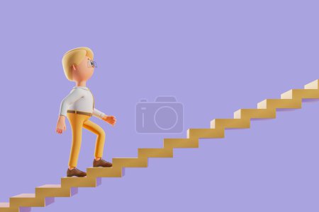 Foto de Renderizado 3d. Hombre de dibujos animados subiendo una escalera de carrera amarilla, espacio de copia vacío fondo púrpura. Concepto de objetivo, desarrollo e ilustración del progreso - Imagen libre de derechos