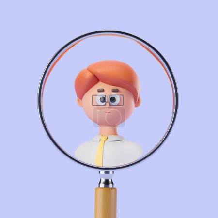 View of cartoon businessman under magnifying glass over purple background. Concept of recruitment. 3d rendering